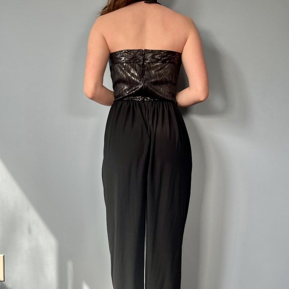 Vintage 80s Jumpsuit, 1980s Black Metallic Halter Parachute Pant One Piece - Picture 9 of 9